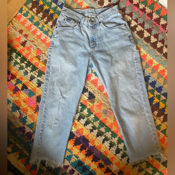 Distressed Lee High Waisted Mom Jeans with Floral Patch on Bum Area - Picture 2 of 4